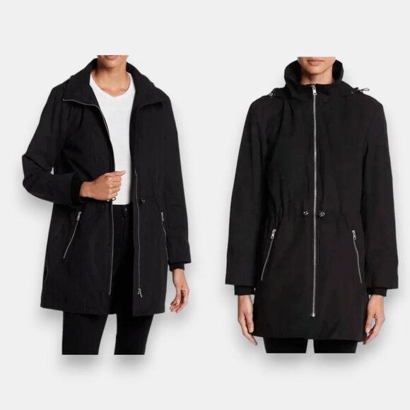 Soia & Kyo Anorak Utility Black Hooded Rain Jacket Size Medium Toggle‎ Trench - Picture 1 of 13